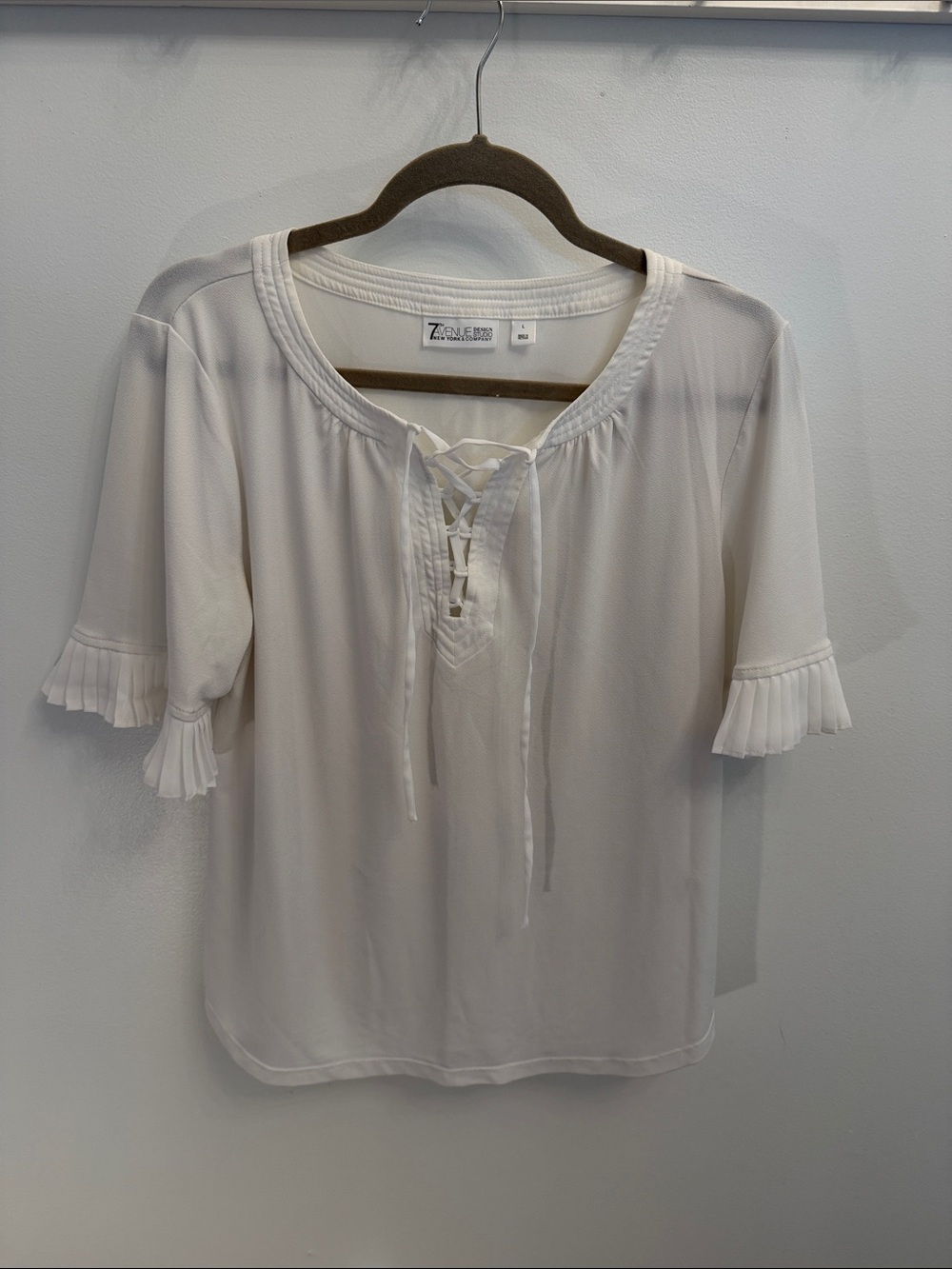 New York & Company Cream Lace-Up Peasant Blouse with Pleated Cuffs